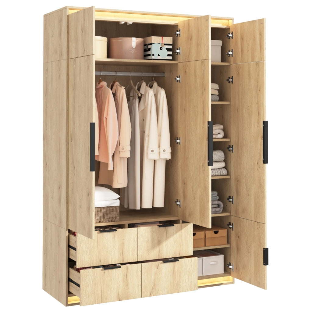 Armadio a 3 ante con specchio; LED; 4 cassetti e 135 x 47 x 200 cm in MDF
