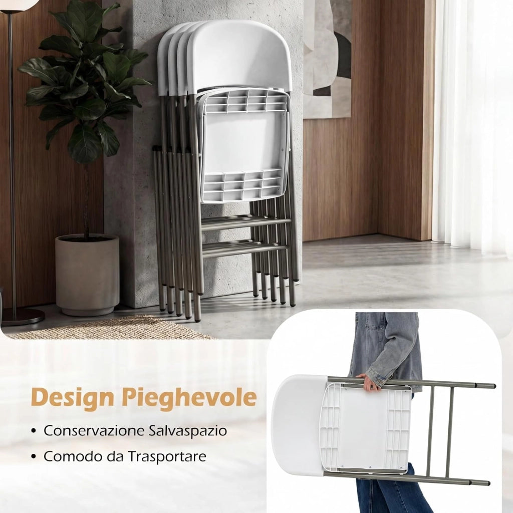 Set da 6 Sedie Pieghevoli in Plastica, Sedie Pieghevoli con Schienale e Struttura in Metallo, Sedie da Pranzo Portatili per Matrimonio e Festa, Portata 150 kg (Bianco)