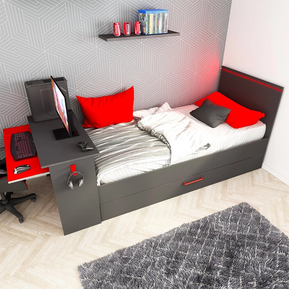 Cameretta con letto estraibile e scrivania antracite e rosso 5040