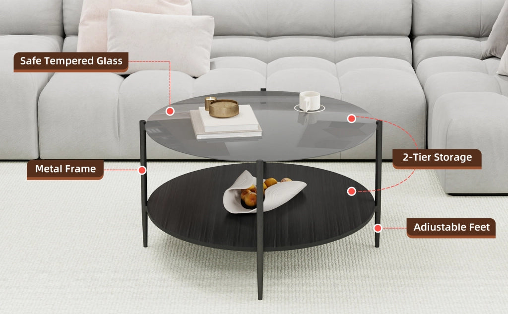 Tavolino basso rotondo moderno con 2 ripiani in vetro temperato fumé, legno e ferro, per soggiorno, nero, 82 × 45 cm