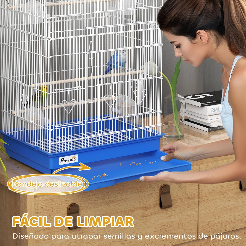 Gabbia per Uccelli ¨C Xylo ¨C Metallo Blu con 4 Mangiatoie 3 Trespoli Altalena 46,5x35,5x92 cm