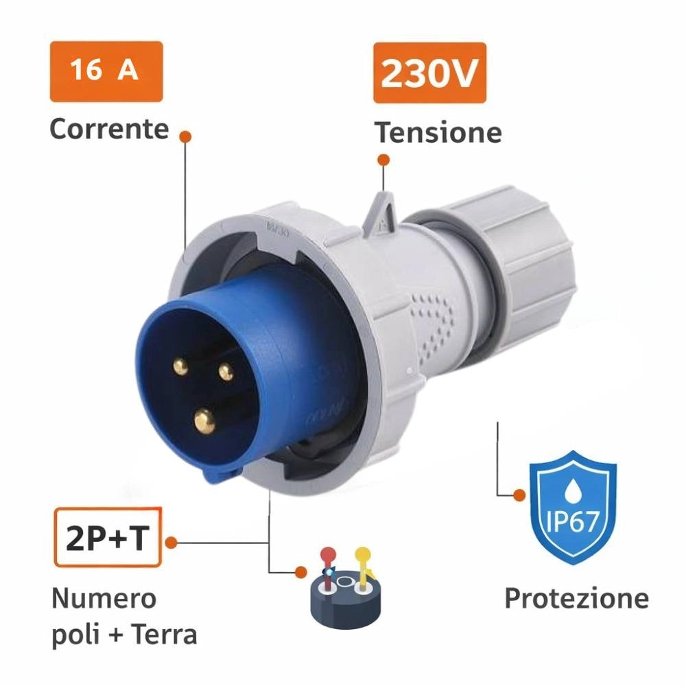 Ecova 30506 spina industriale monofase blu ip67 2p+t resistente per uso professionale