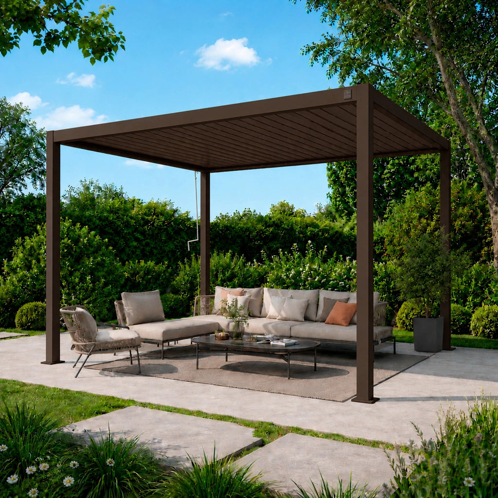 Gazebo Pergola Bioclimatica Con Lamelle Regolabili Sistema Di Deflusso Dell Acqua Struttura In Alluminio E Acciaio Resistente Ai Raggi UV Ideale Per Giardino Terrazza E Piscina 3x4 Metri Marrone Opaco