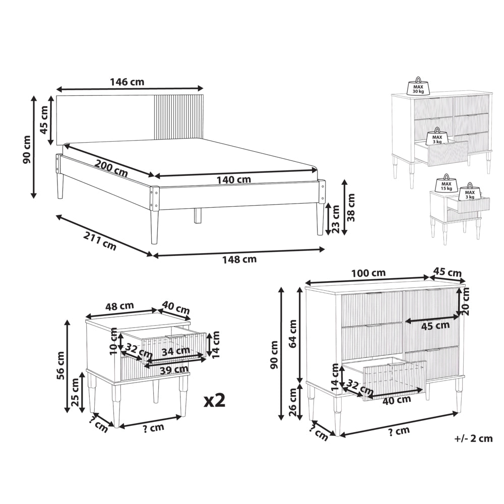 Set da camera da letto in legno di pino con letto matrimoniale 2 comodini e cassettiera a 6 cassetti 140 x 200 cm marrone chiaro stile scandinavo
