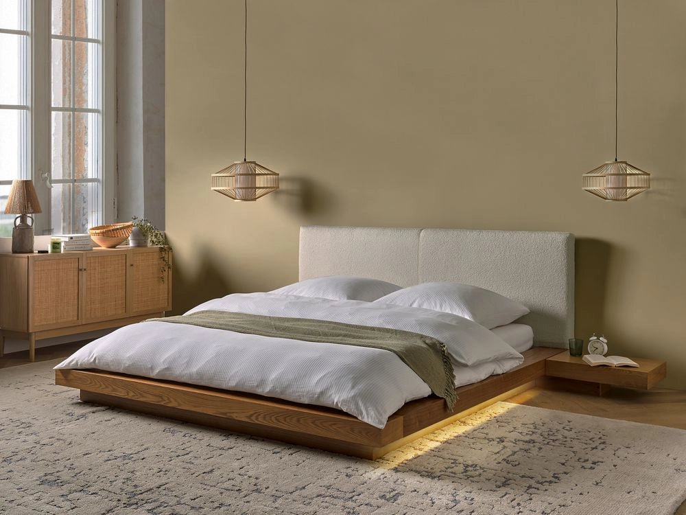 Letto a LED in stile giapponese in frassino naturale 160 x 200 cm testata in legno impiallacciato bouclé camera da letto a basso profilo