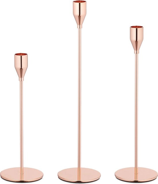 Set di candele per tavola - 3 pezzi - metallo - diverse dimensioni - per candele da tavola - rosso oro