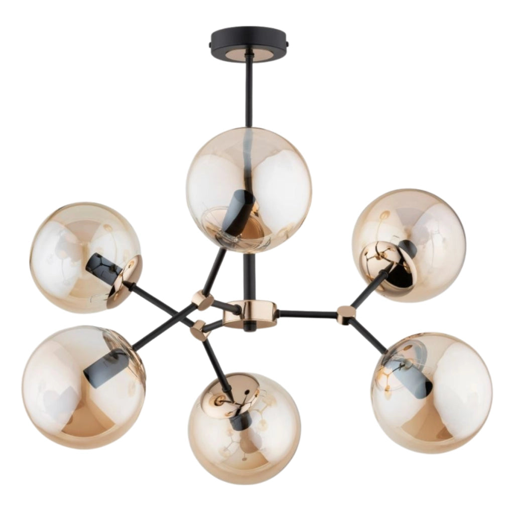 Lampadario moderno nero oro vetro ambra 6xE14 Alfa