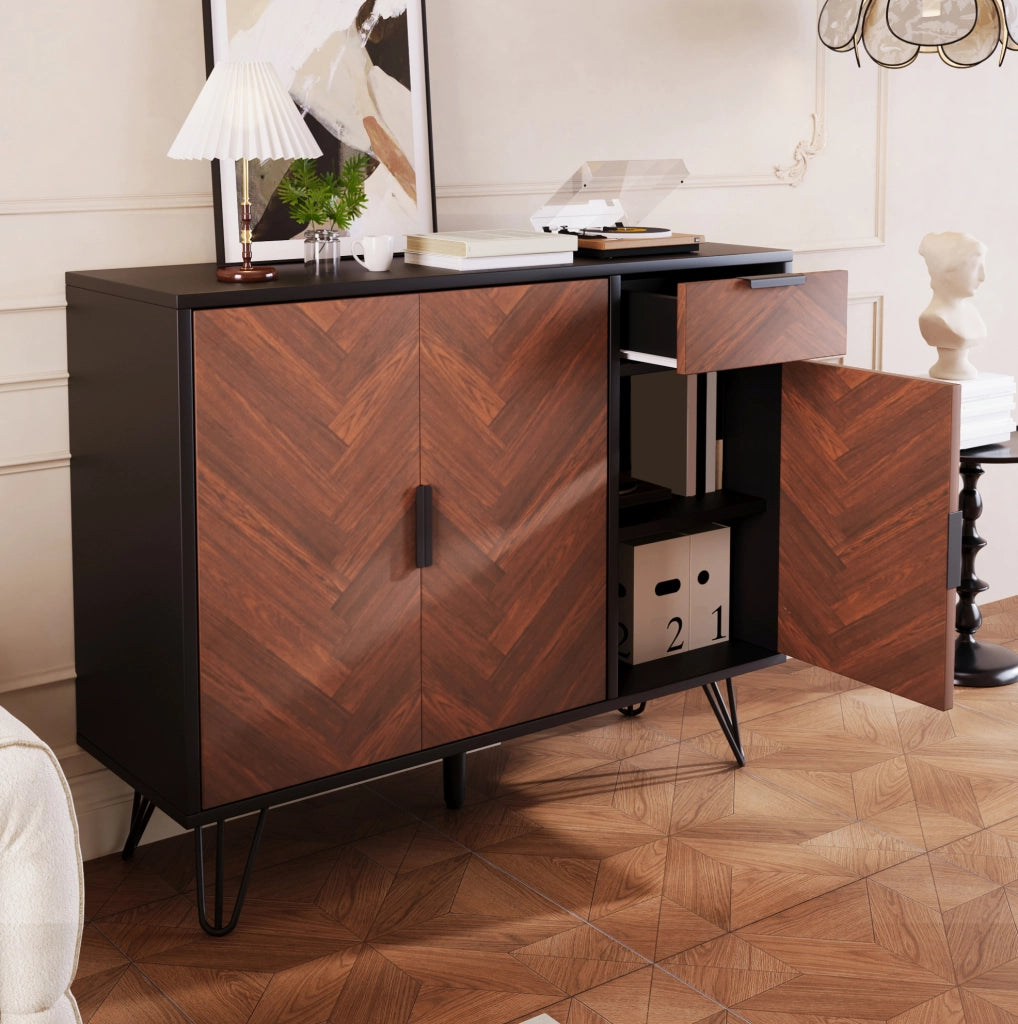 Credenza 90x30x71.5 cm con cassetto e ripiani regolabili in MDF e pannello truciolare nero e naturale