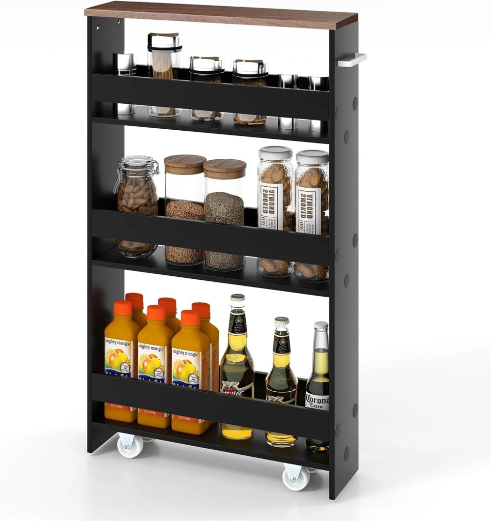 Carrello per Nicchia con Ruote, 4 Livelli，Carrello di Servizio Stretto Salvaspazio, da Bagno, Scaffale da Cucina Sottile 47,5 x 13 x 80,5 cm (Marrone+Nero, Largo 13 cm)