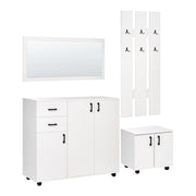 Set da ingresso in truciolato bianco con portaoggetti, scarpiera, ganci appendiabiti e specchio