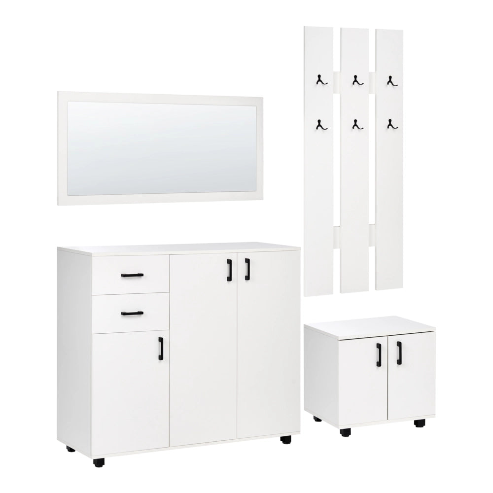 Set da ingresso in truciolato bianco con portaoggetti, scarpiera, ganci appendiabiti e specchio
