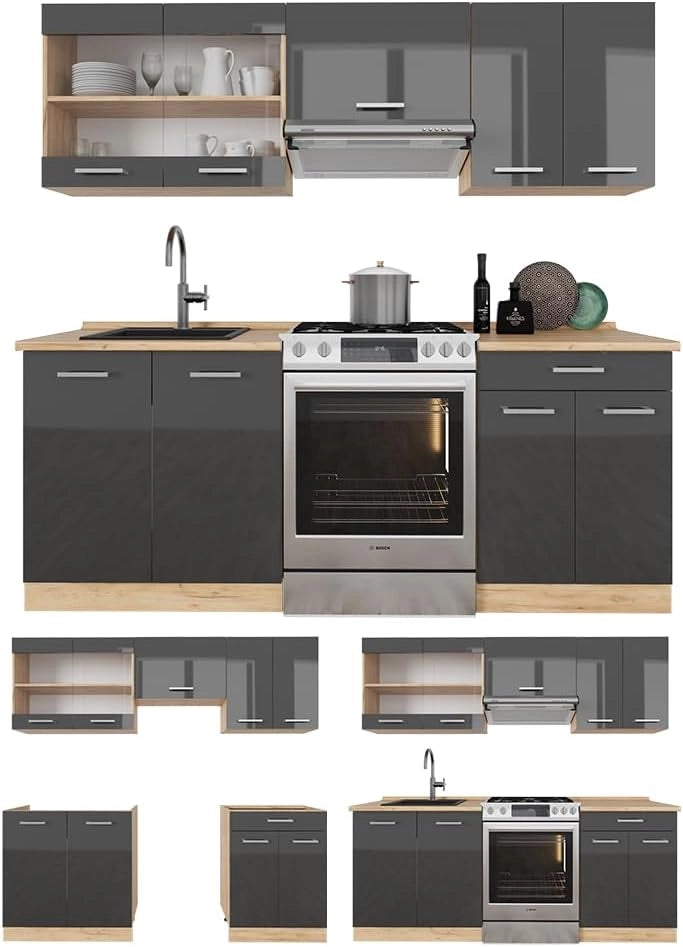 Cucina componibile R-Line, Antracite lucido/oro power oak, 200 cm senza piano di lavoro, adatto per l'espansione personalizzata tramite moduli aggiuntivi