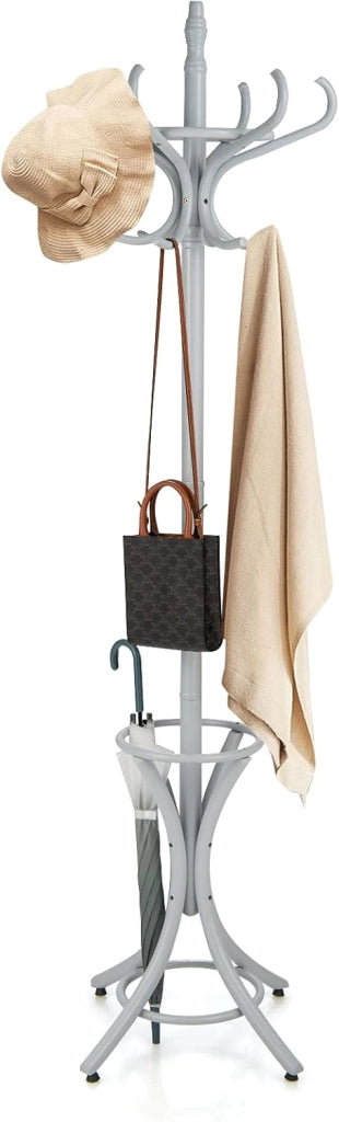 Attaccapanni da Terra Appendiabiti a piedi con 12 ganci in legno ecologico, 51 x 51 x 184 cm (Bianco)