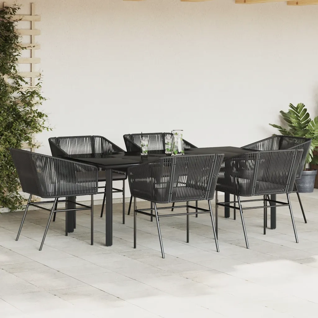 Set Pranzo da Giardino 7 pz Nero con Cuscini Polyrattan Vetro 3334616