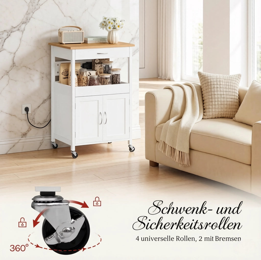 Carrello da cucina con prese, cassetto e armadietto bianco