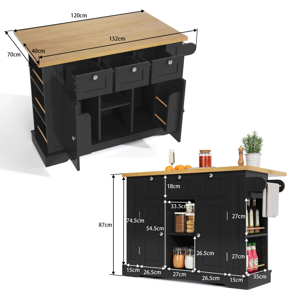 Isola cucina mobile con piano estensibile, prese USB e ruote