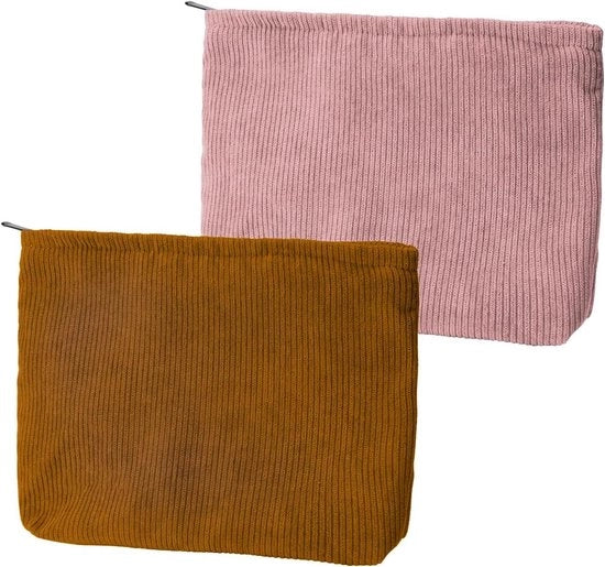 Set di 2 borse da trucco in corduroy per donne - Rosa e arancione - Borse da trucco portatili per viaggio, vacanza, uso quotidiano