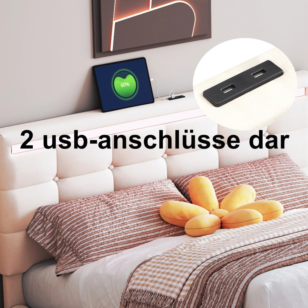 OKWISH Letto con Cassetti 140×200 cm, Letto Matrimoniale con 4 Cassetti, LED Regolabile, 2 USB e Telecomando, senza Materasso, Beige