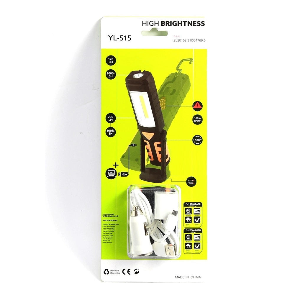 Trade Shop - Torcia Lampada Portatile Ricaricabile Led Strip Cob - Base Orientabile E Ganci -