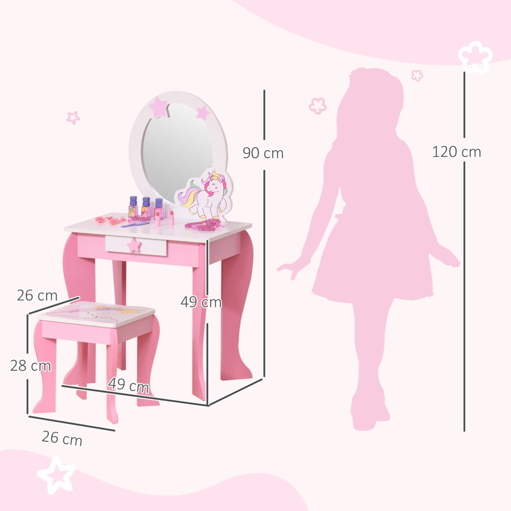 Toeletta bambini forma unicorno con sgabello ¨C Xylo ¨C rosa bianco MDF 49x34x90cm