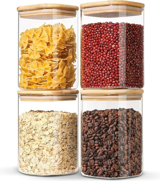 Set di contenitori a chiusura ermetica in vetro di 1100ml, 4 pezzi con coperchi in bambù - contenitori di conservazione in vetro borosilicato - guarnizioni di silicone - contenitori trasparenti per la cucina