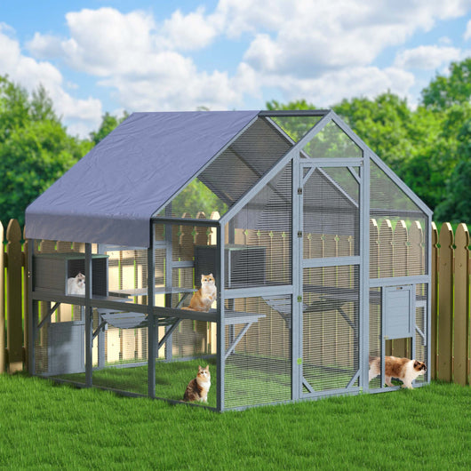 Recinto per gatti da esterno 210 x 187 x 187 cm, recinzione antifuga in legno con telo di copertura impermeabile per il tetto, diversi livelli, per giardino, balcone, terrazzo