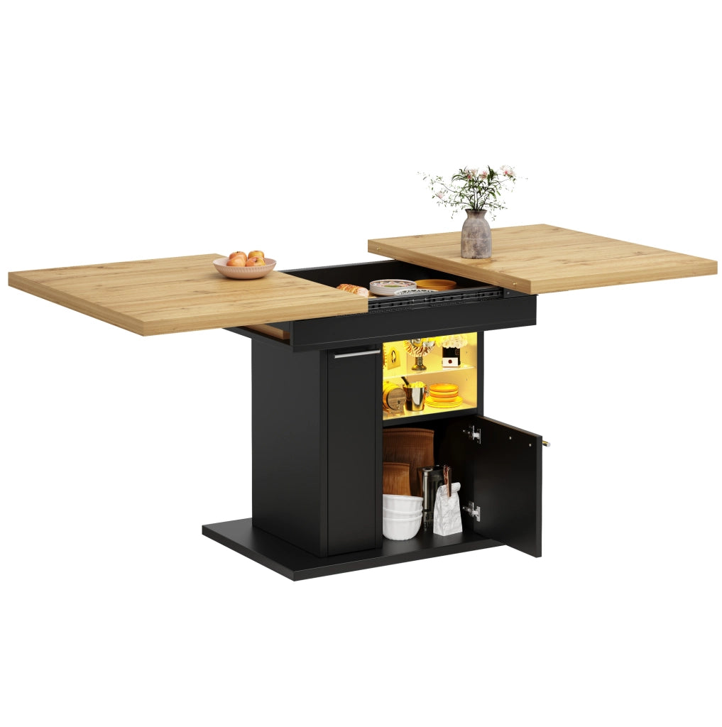 Tavolo da pranzo allungabile 140x80 cm nero – vano contenitore, LED, 4-6 persone