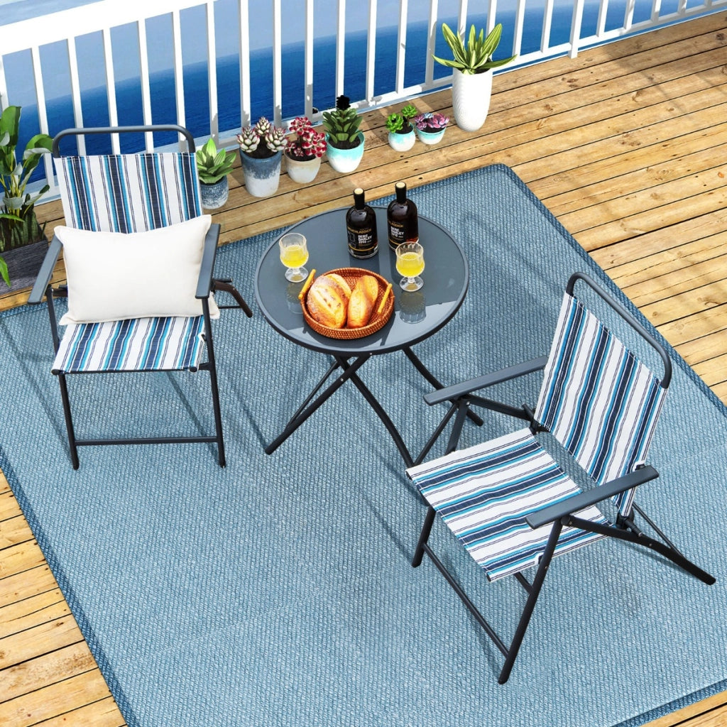 Tavolino e 2 sedie da esterno pieghevoli, Set mobili da giardino 3 pezzi con telaio robusto in metallo-Set mobili da esterno