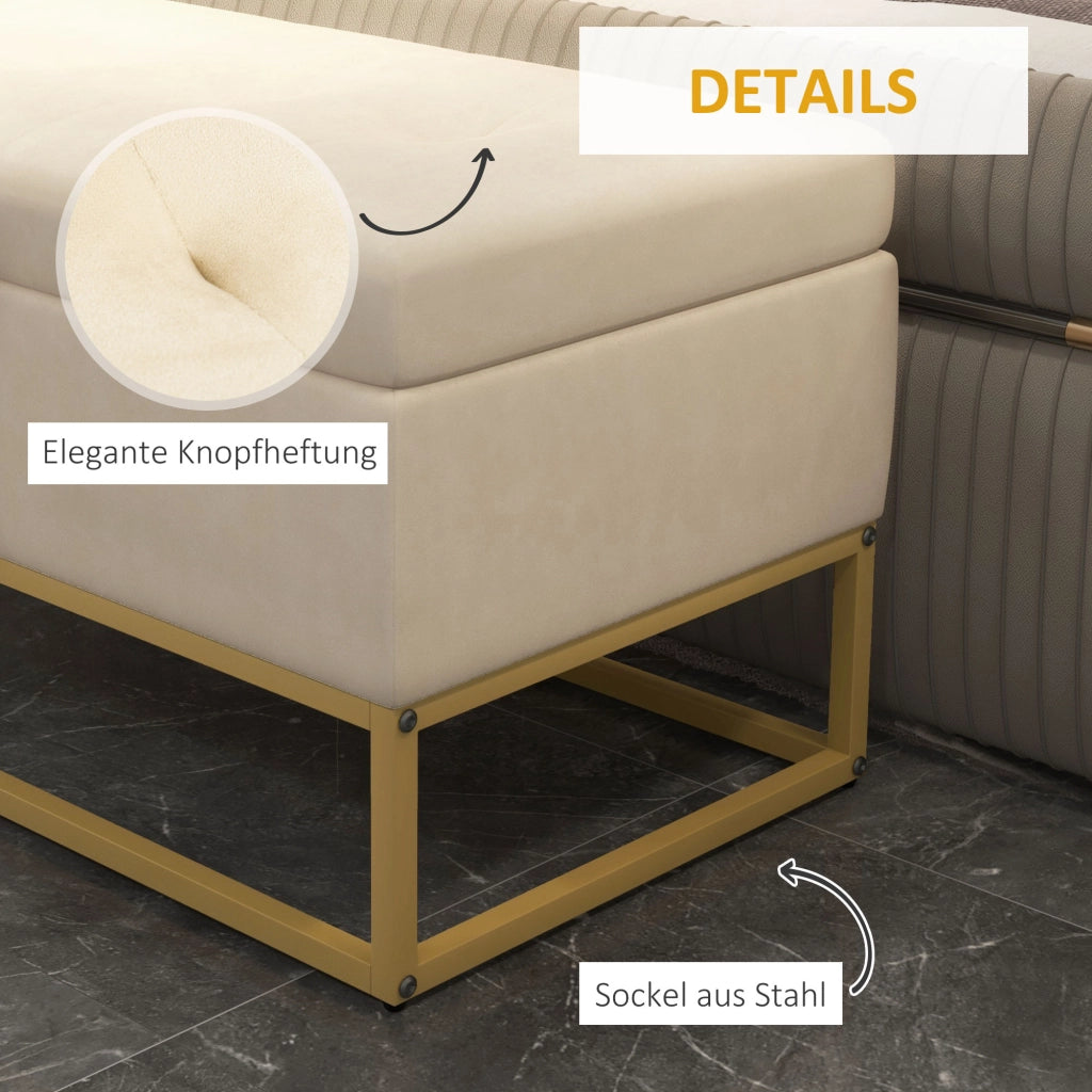 Banca contenitore con seduta capitonné in poliestere effetto flanella e gambe in acciaio oro beige 110 × 44 × 49 cm