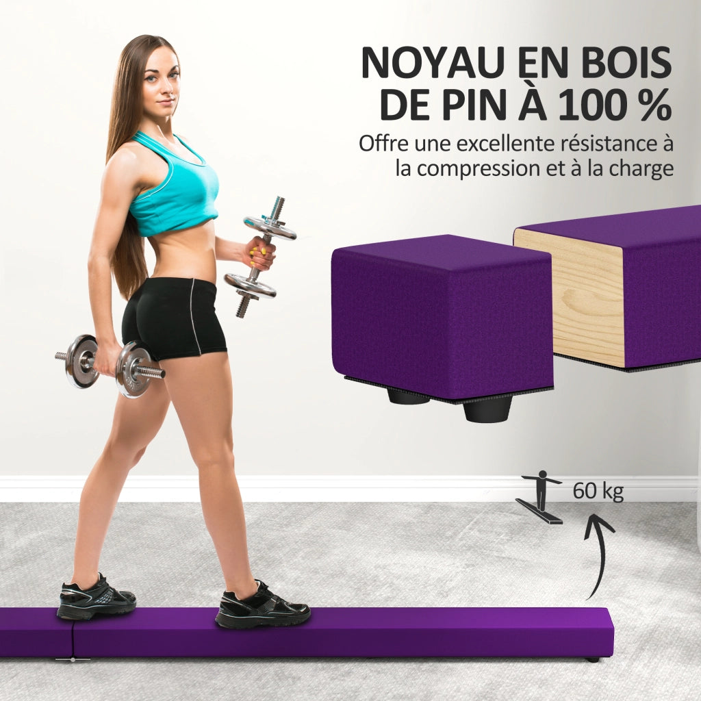 Poutre Gymnastique Pliable 210 cm en Velours Violet