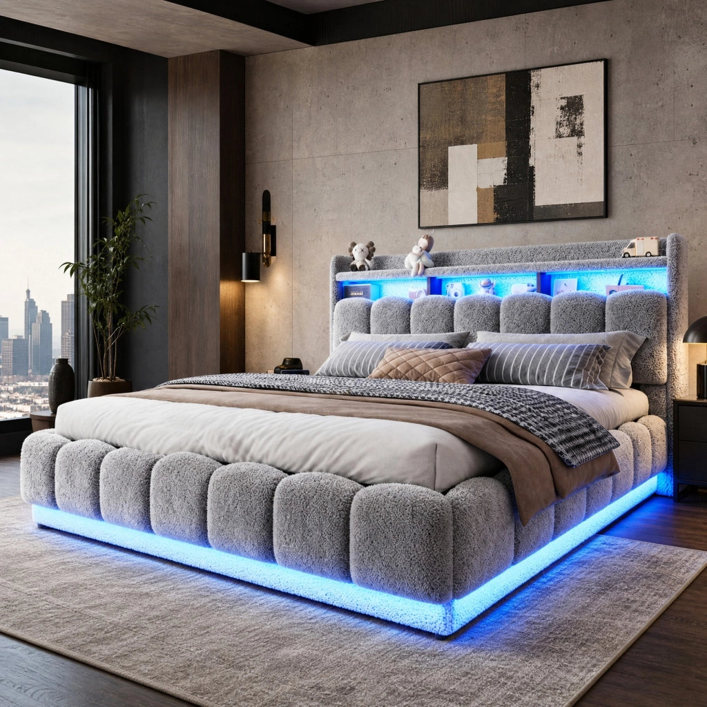 Letto imbottito 180x200 cm con LED, USB e vano idraulico