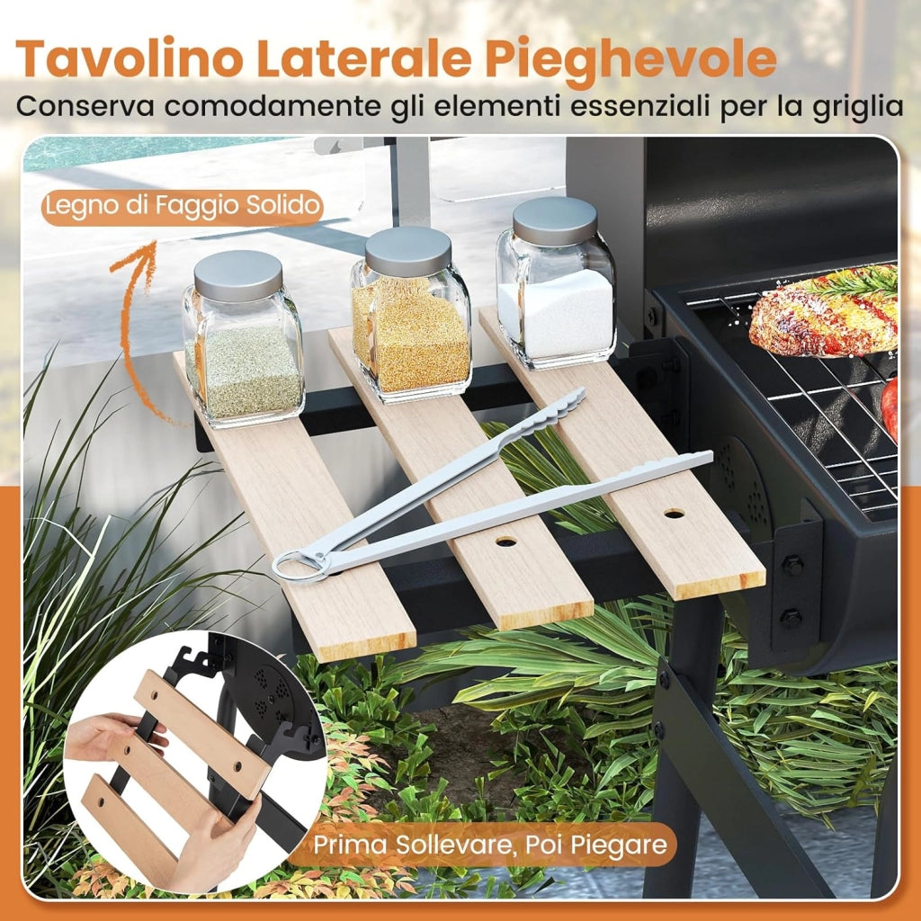 Barbecue a Carbonella con Ruote, Griglia a Carbone da Esterno con Coperchio, Termometro, Tavolo Pieghevole e Manico in Acciaio Inox, Barbecue Portabile per Giardino, Campeggio e Picnic
