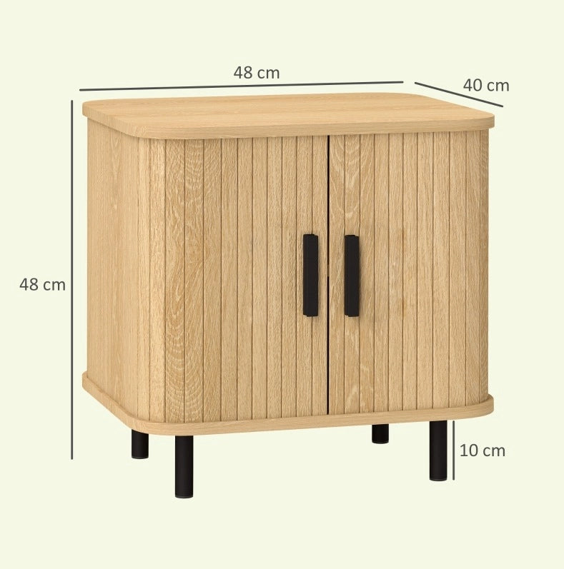 Comodino 48x40x48 cm con ante scorrevoli e 2 ripiani in pannelli truciolari e acciaio naturale