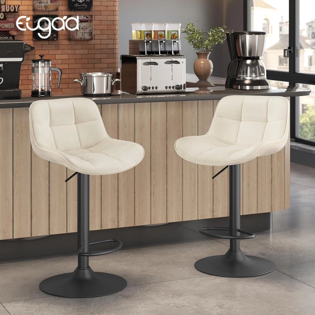 Set di 2 Sgabelli da Bar Moderni, Sgabelli da Cucina con Schienale e Poggiapiedi, Sedie Alte Girevoli e Regolabili con Seduta Imbottita in Velluto, Altezza Sedile, Crema