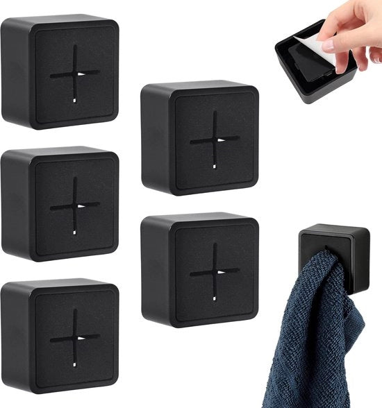 Supporto asciugamano senza forare, supporto asciugamano adesivo, impermeabile e resistente ai graffi, materiale siliconico duraturo, adatto per asciugamani da bagno, asciugamani da cucina, nero, 5 pezzi.