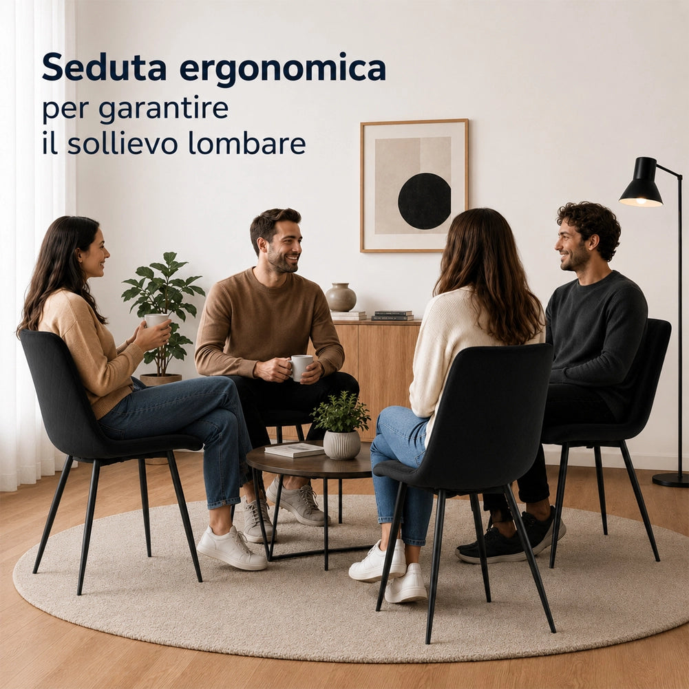 Set 4 Sedie Nero con Rivestimento in Velluto e Piedi Neri Seduta Ergonomica