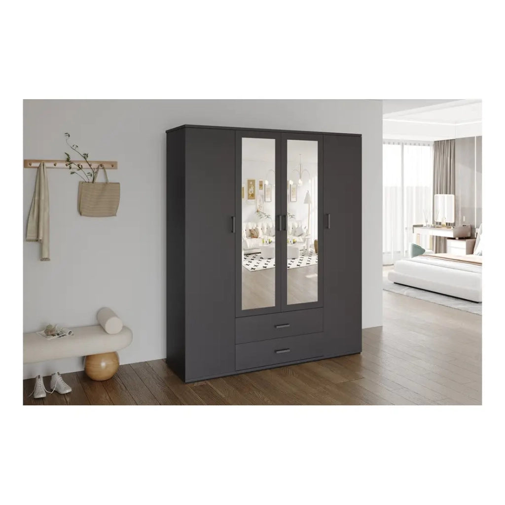 Armadio TOM – 4 porte con specchi – Colore grigio antracite – L160 cm – Design moderno e grande capacità di stoccaggio