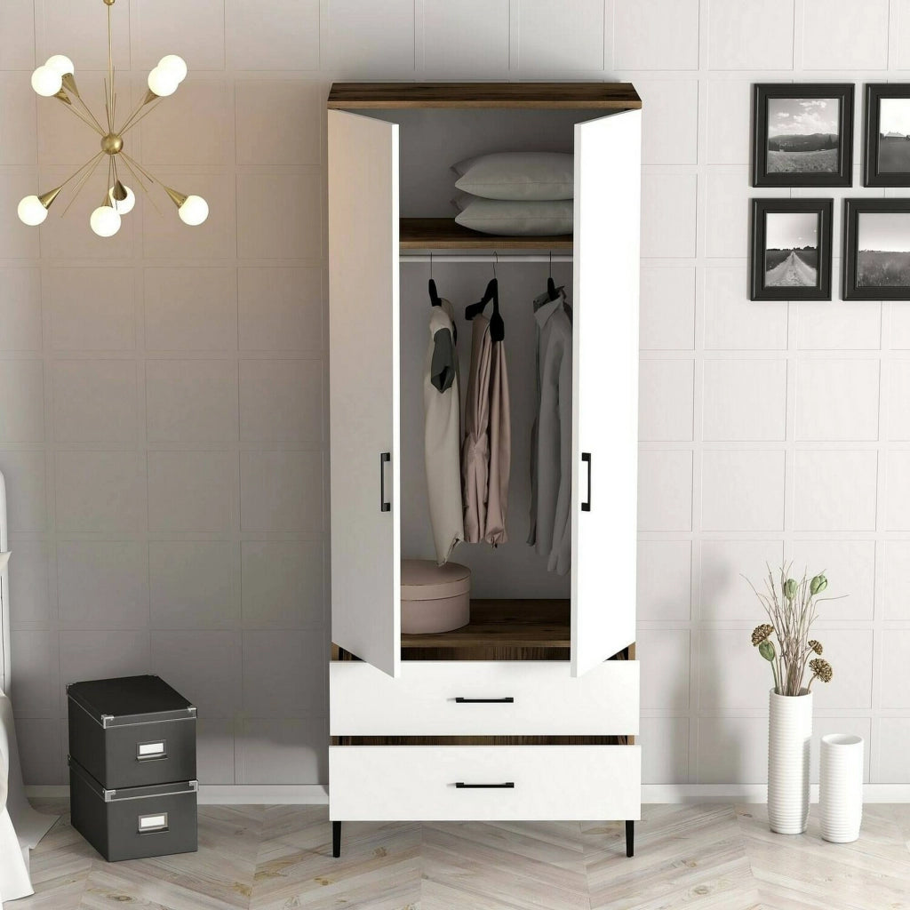 Guardaroba 2 ante Doriana, Mobile camera da letto, Cabina armadio portabiti, Armadio appendiabiti, 80x201h48 cm, Noce e Bianco