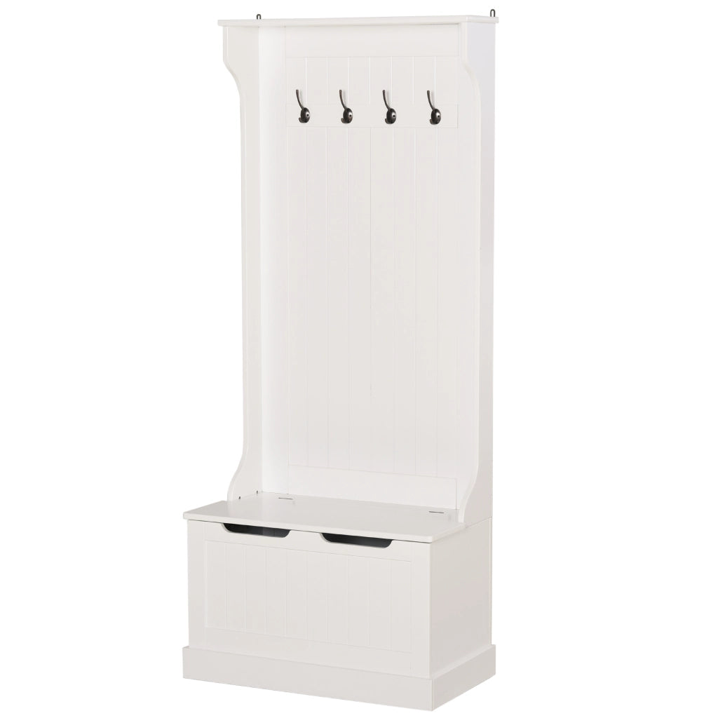 Easycomfort Appendiabiti da Terra Moderno 3 in 1 con 4 Ganci, Panca Contenitore e Attaccapanni, Salvaspazio Mobile da Ingresso, Corridoio, Camera da Letto in Legno, 71.5x39.5x170 cm, Bianco