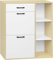 Scarpiera a Ribalta, Scarpiera da ingresso con Ripiani Aperti, Porta Scarpe con Cassetto, Organizer per Scarpe, Stivali, Bianco + legno naturale, 80x30x90cm