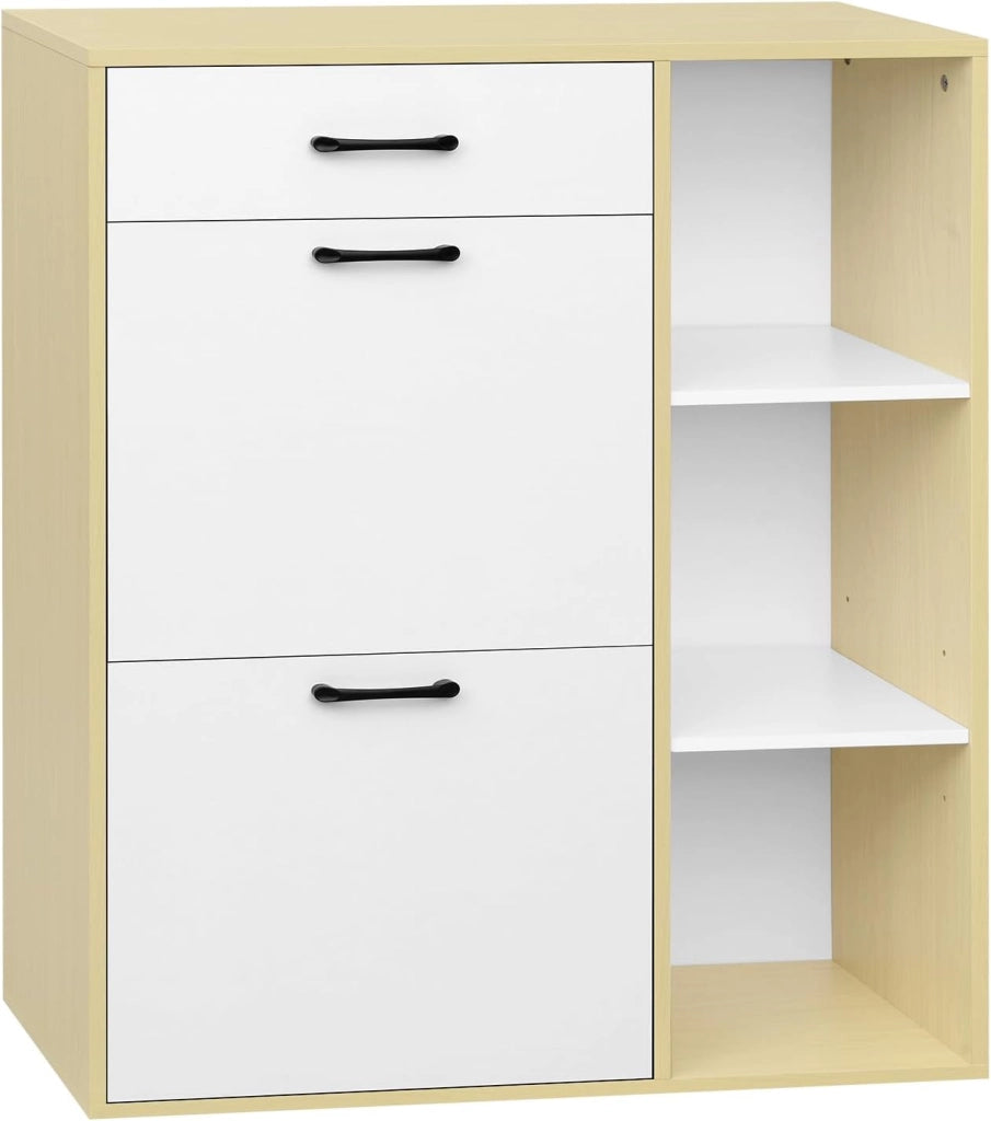Scarpiera a Ribalta, Scarpiera da ingresso con Ripiani Aperti, Porta Scarpe con Cassetto, Organizer per Scarpe, Stivali, Bianco + legno naturale, 80x30x90cm