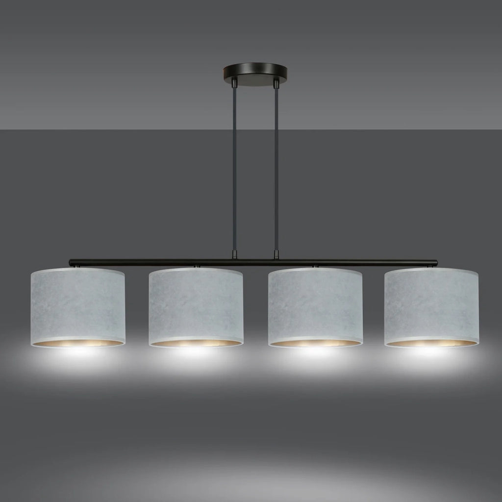 Lampadario 4 Luci Ganesha In Acciaio Nero E Paralumi In Tessuto Grigio