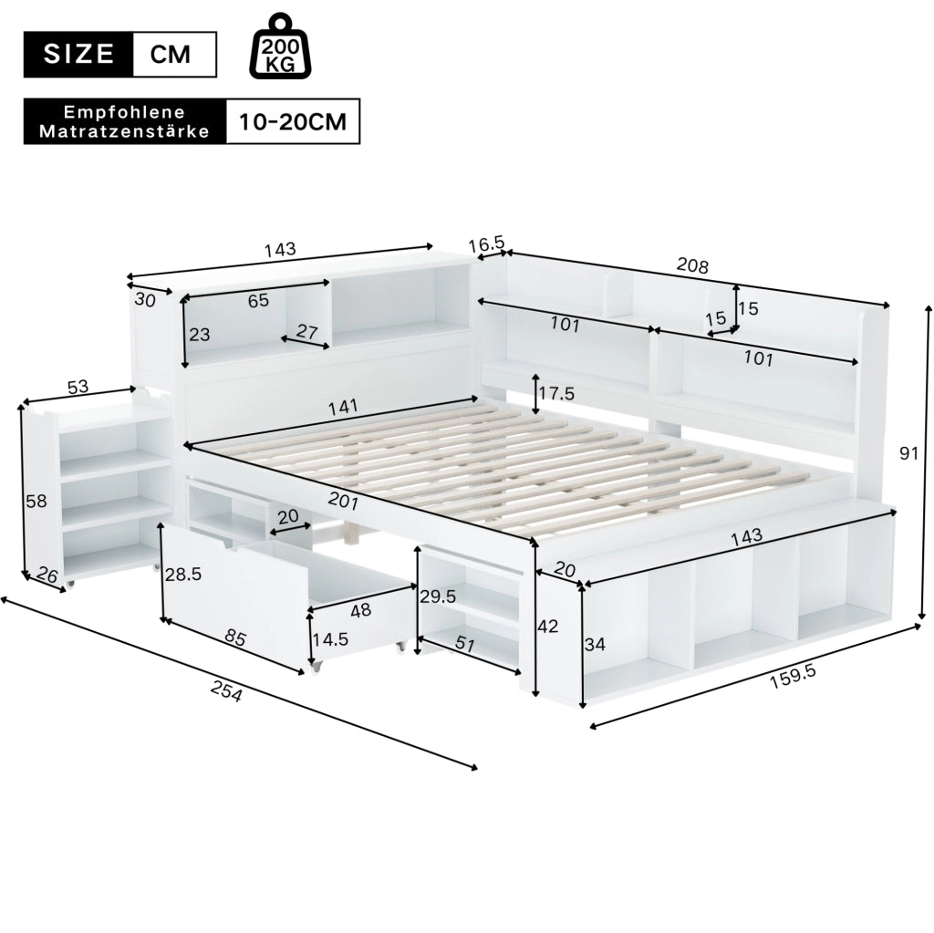 Letto per bambini 140 x 200 cm bianco con cassetti, libreria e armadi