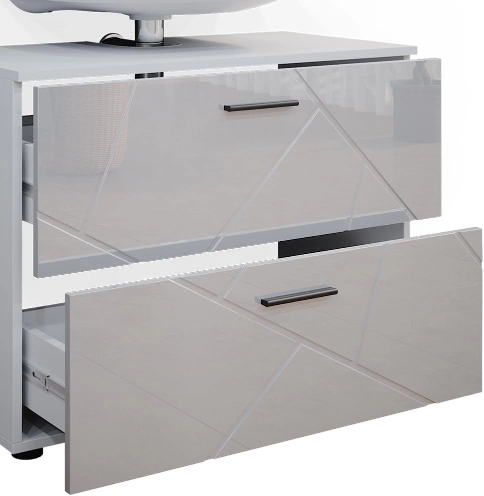 Set mobili bagno Irma, Bianco lucido, 80 cm, composto da specchio da bagno e mobile sottolavabo