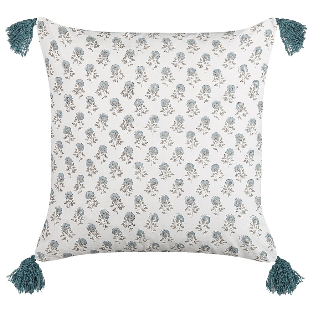 Set di 2 cuscini decorativi bianchi e blu cotone 45 x 45 cm motivo floreale nappe fatto a mano rivestimento sfoderabile con imbottitura stile boho