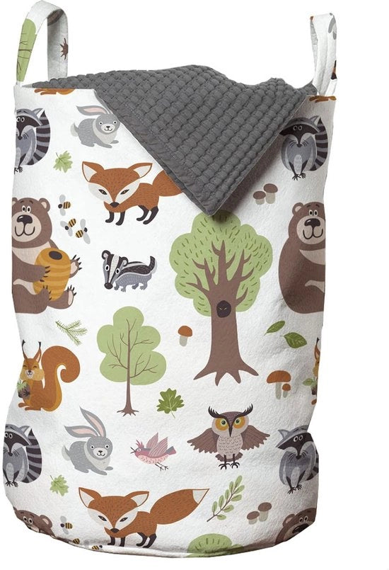 Scatola per la spazzatura con maniglie a mano - chiusura a corda - 33 cm di larghezza - 49 cm di altezza - cassa per la spazzatura decorata con animali della foresta - contenitore per la spazzatura