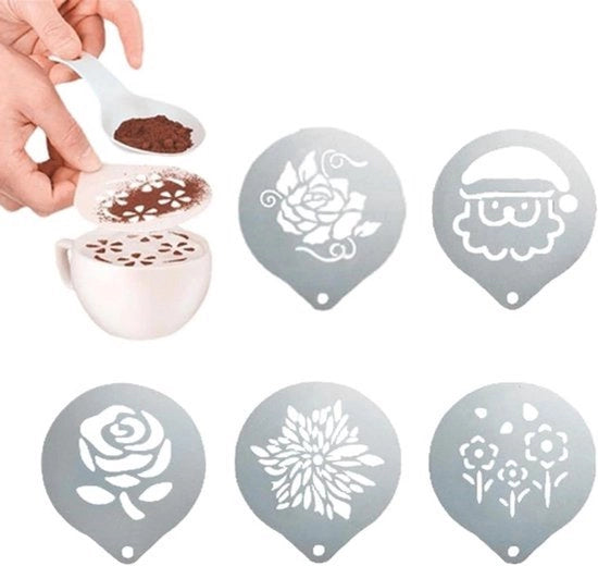 Stencili per caffè in acciaio inossidabile - cornici per caffè - riciclabili - metallo - stencil d'arte - latte cappuccino - decorazione per torte - 5 pezzi.