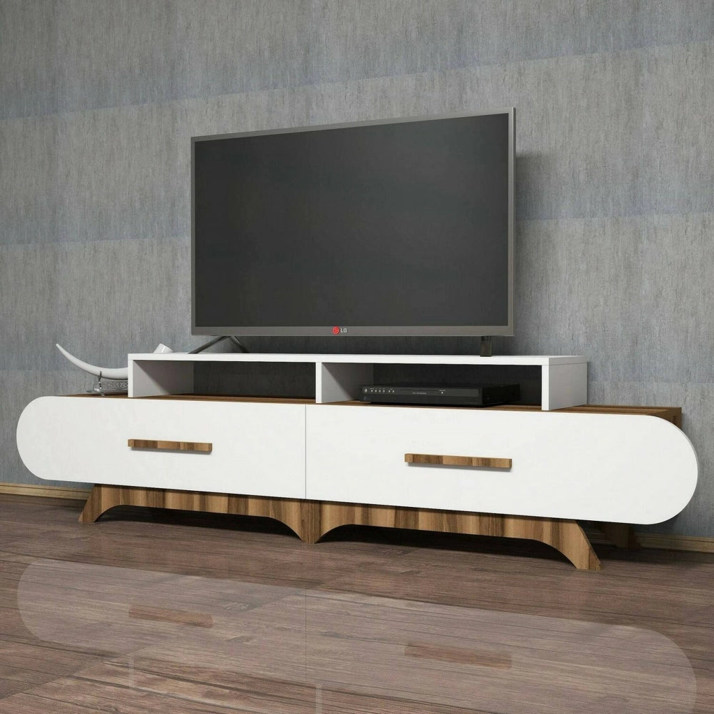 Mobile porta TV Massima, Credenza da soggiorno, Armadio basso per TV, Base parete attrezzata, 205x37h50 cm, Noce e Bianco