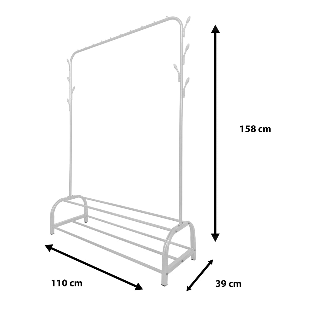 Appendiabiti Donkey Premium Rack a 2 supporti Nyana Home 158x110x39 cm, 1 barra appendiabiti, 8 ganci laterali, 2 ripiani inferiori Bianco.