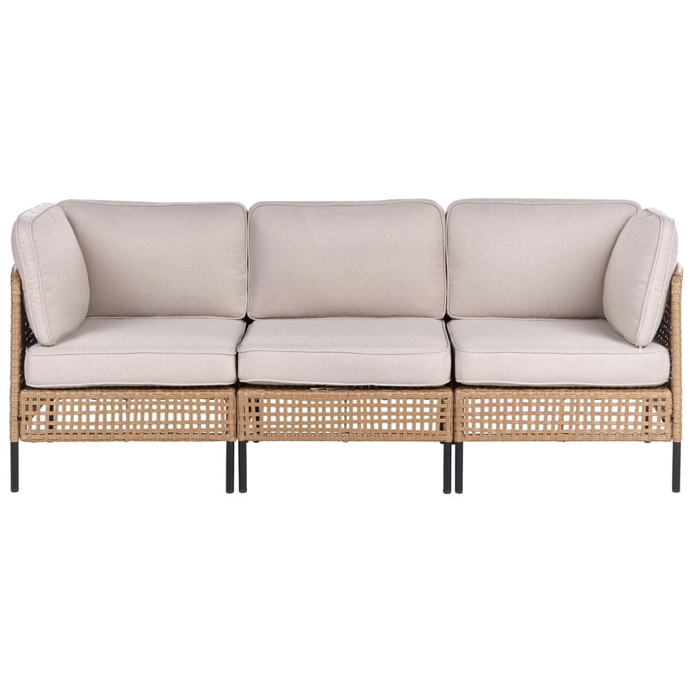 Set da giardino modulare in rattan PE beige chiaro a 6 posti con tavolino in vetro, struttura in metallo e cuscini, stile moderno